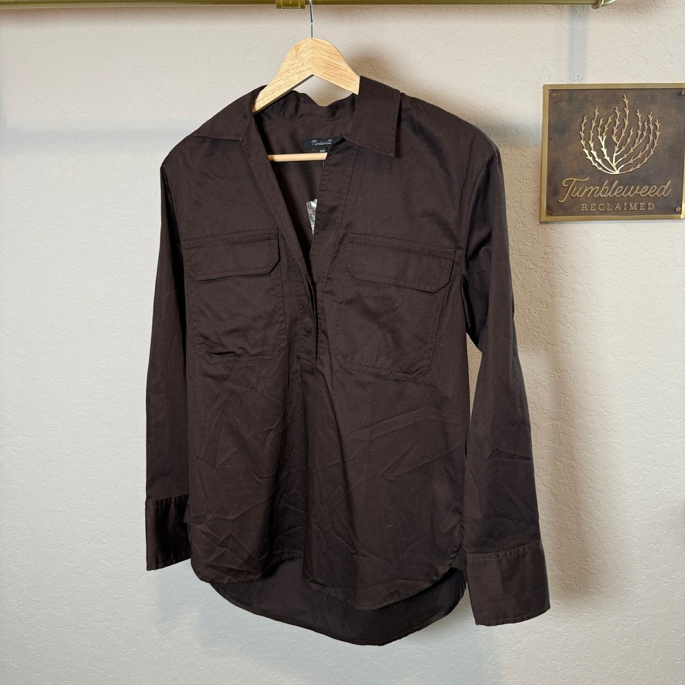 Women's Madewell Chocolate Brown Long Sleeve‎ Popover Blouse Size XXS NEW